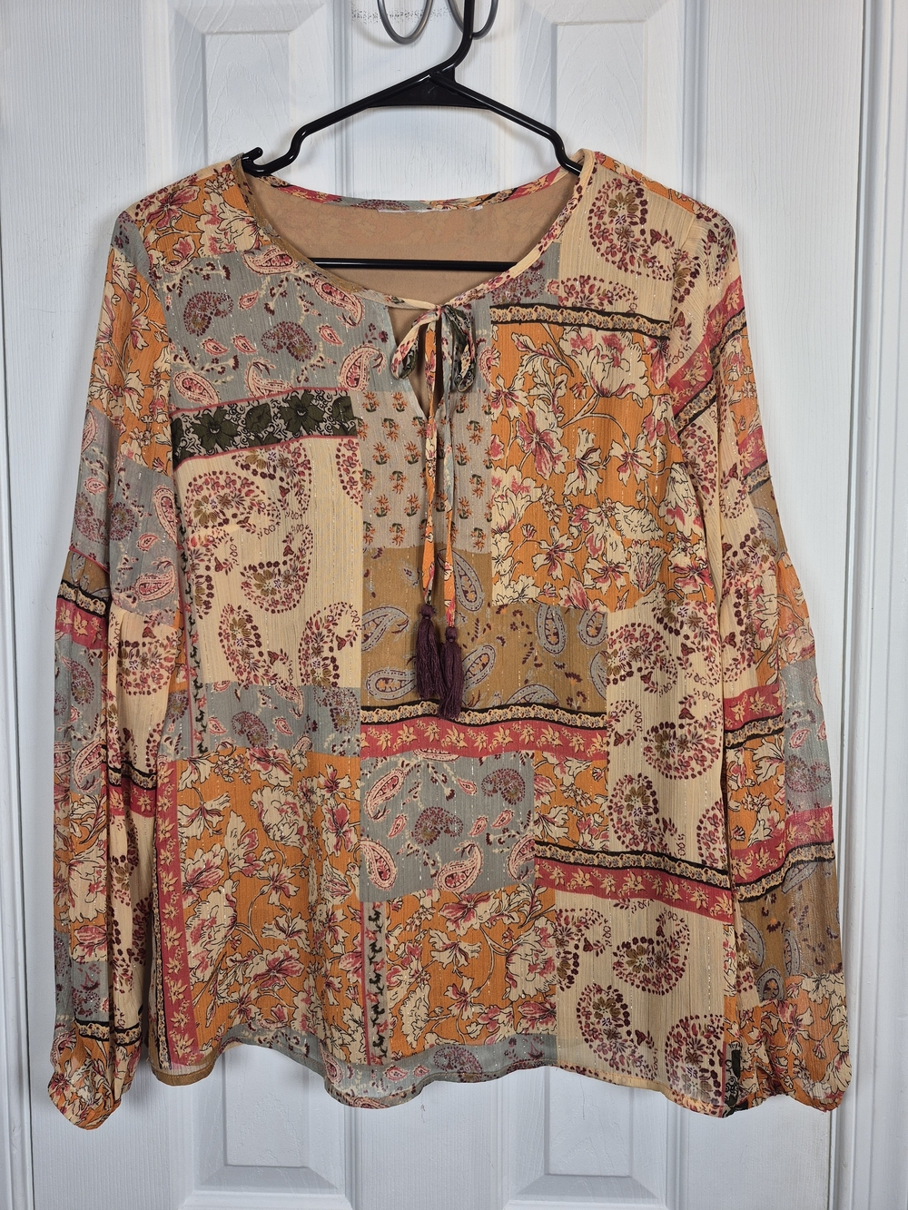 Belle Boho by Kim Gravel Patchwork Peasant Blouse with Tassels Orange Floral